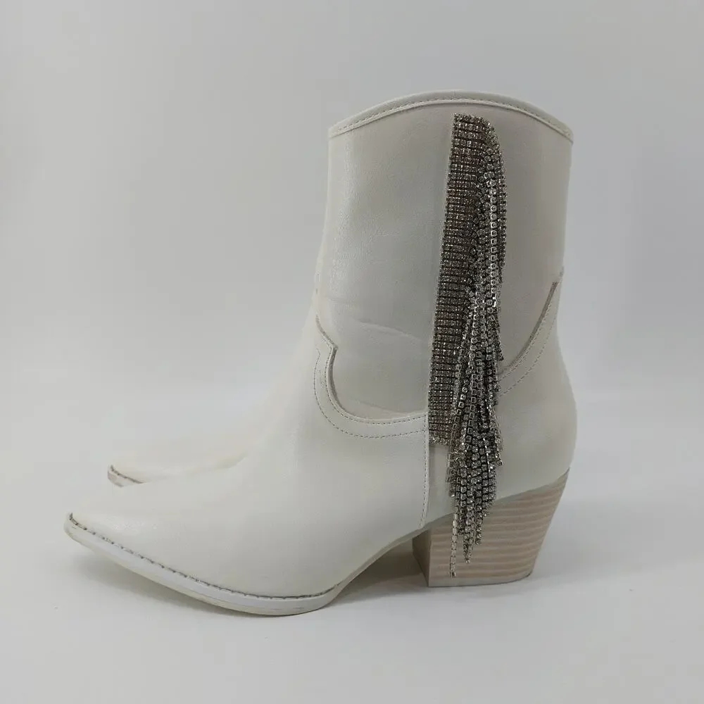 Altar'd State White Western Boot Rhinestone Fringe Ankle 8 - Picture 11 of 11